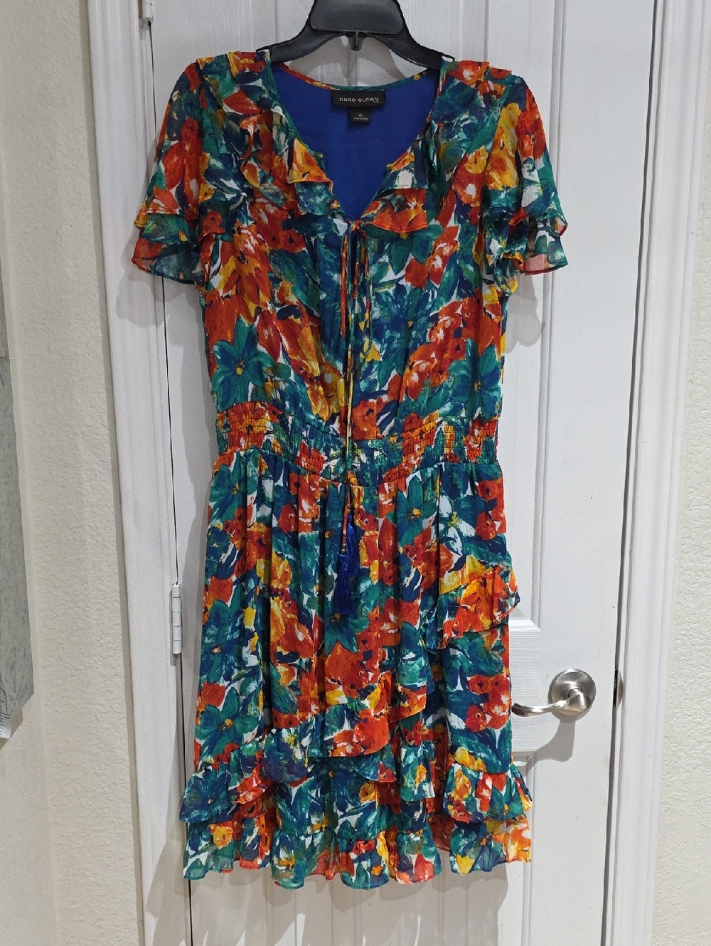 DURO OLOWU Colorful Floral Tie-Front Ruffled Dress Sizr M